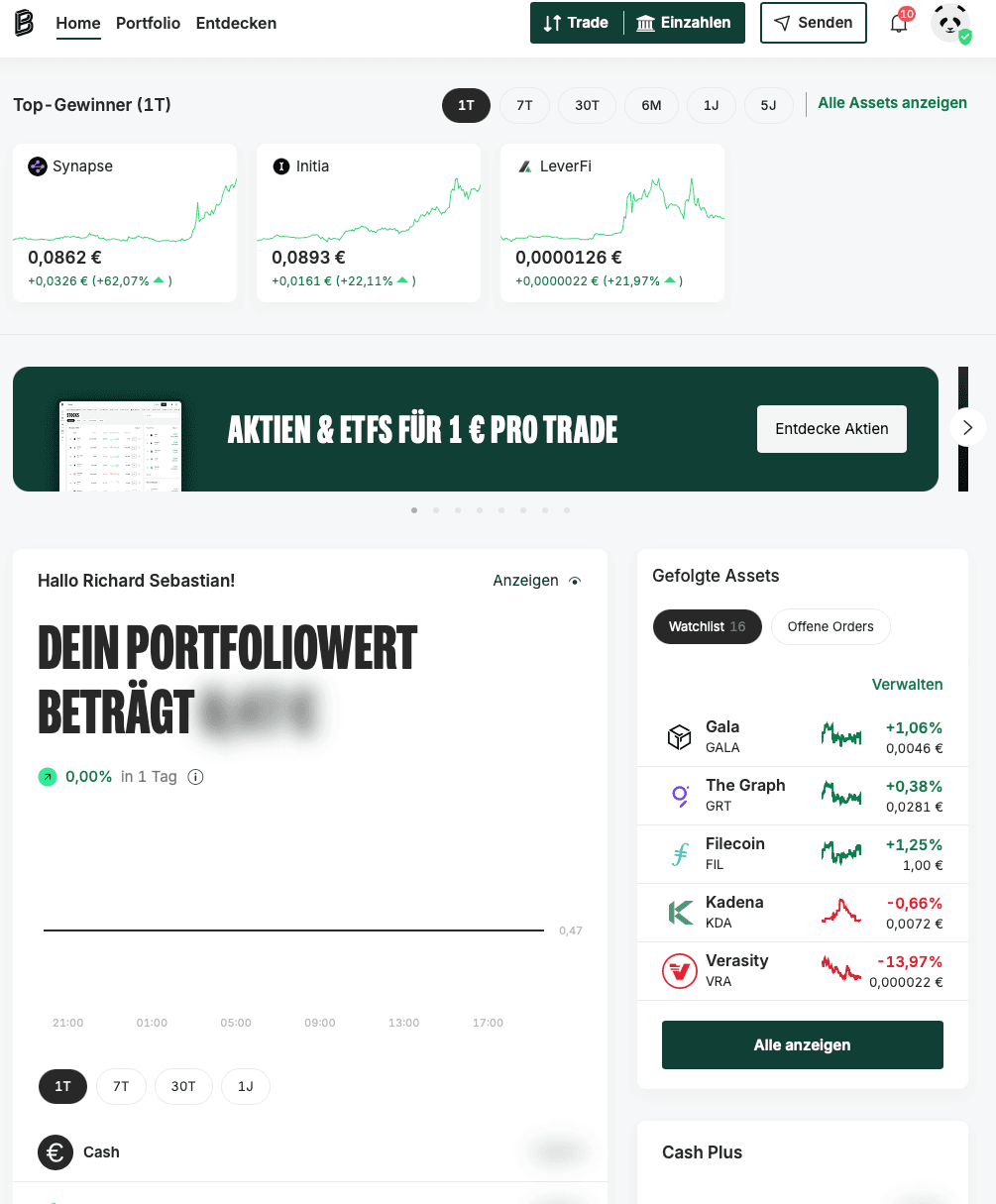 Klassisches Bitpanda-Dashboard am Desktop