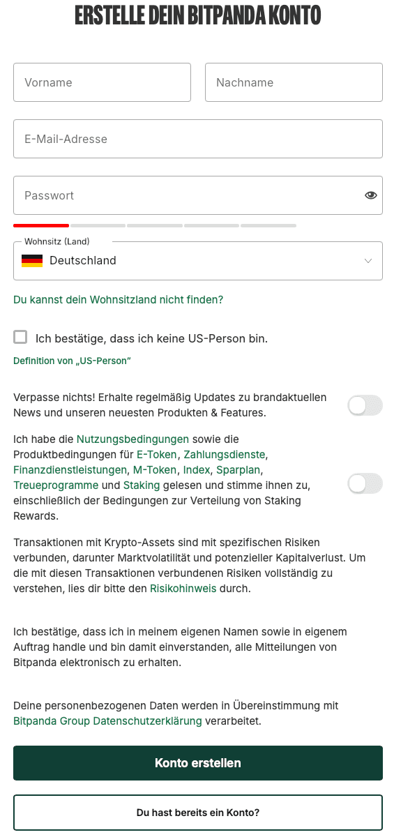 Registrierungsformular zum Erstellen eines Bitpanda-Kontos