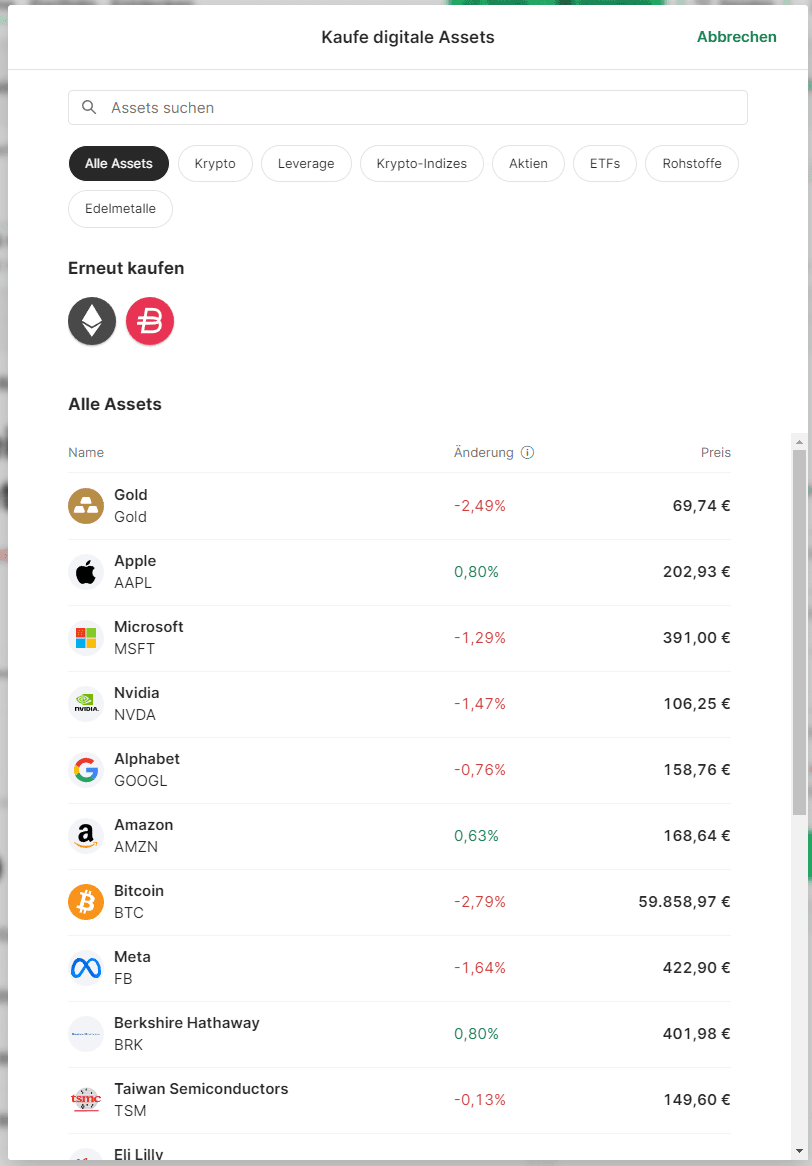 Kaufmaske für Kryptowährungen bei Bitpanda