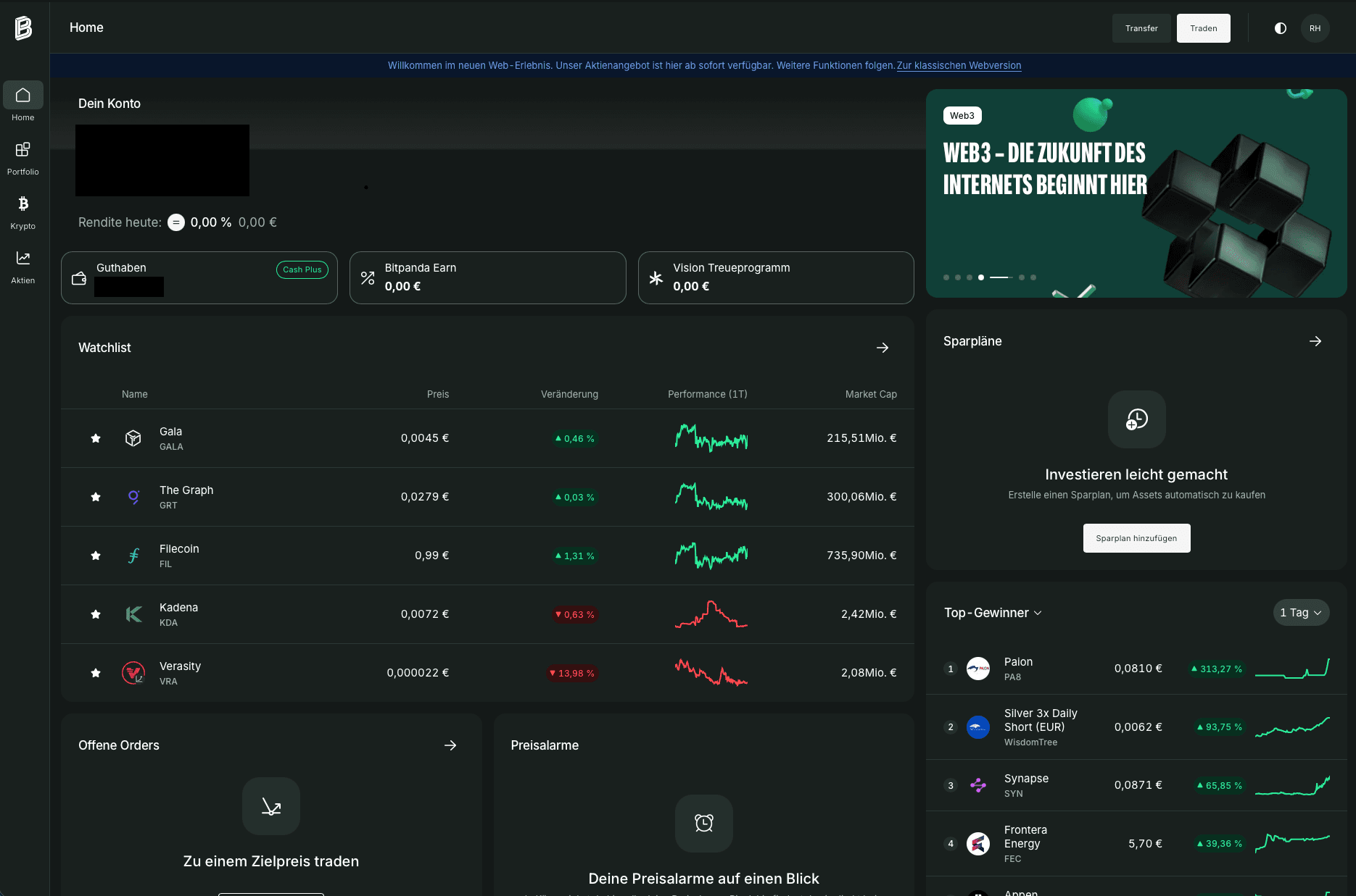 Neues Bitpanda-Dashboard mit Aktien und ETFs