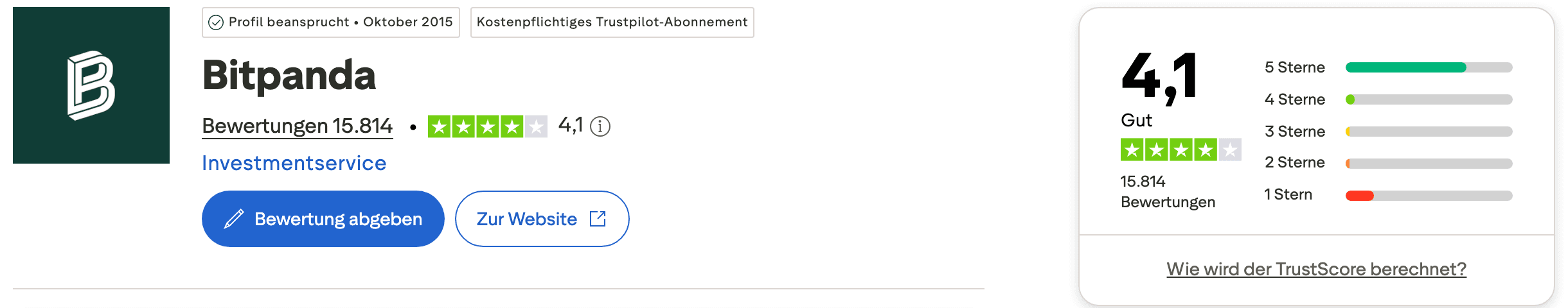 Trustpilot-Profil von Bitpanda mit 4,1 von 5 Sternen bei 15.814 Bewertungen
